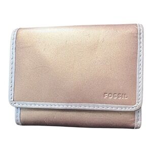 Fossil Women's Trifold Wallet Gold Leather Zip Coin Zip Snap Pocket Medium‎